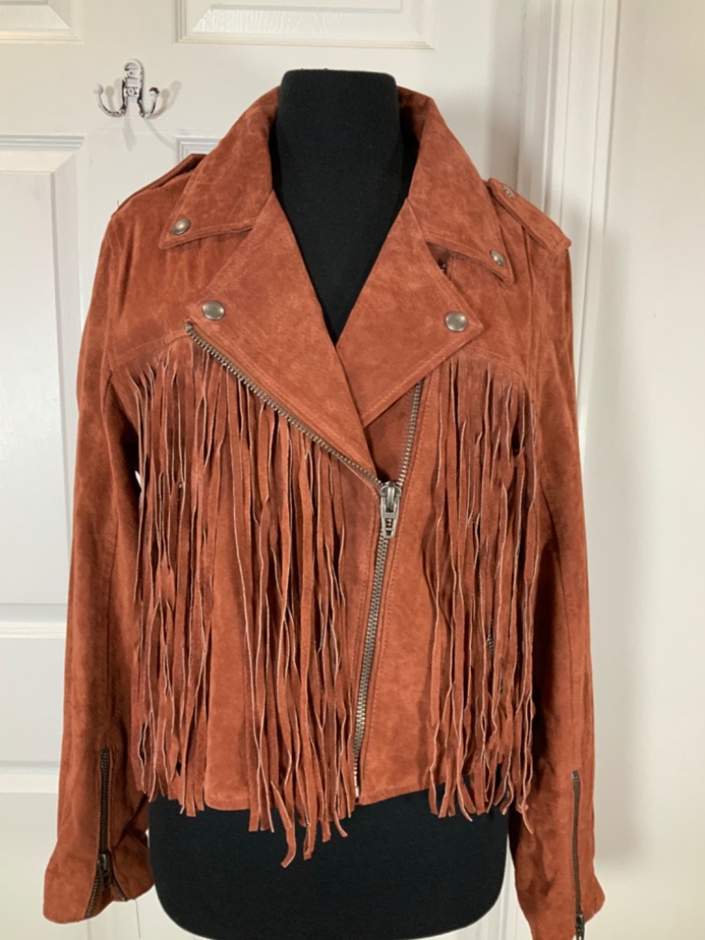 Blank NYC Rust Suede Leather Fringe Moto Biker Western Jacket Size Large Boho - Picture 3 of 10